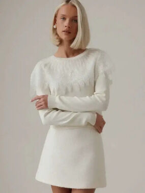 Zara Fall Round Neck Sequin Patchwork White Oversized Long Sleeve Sweater